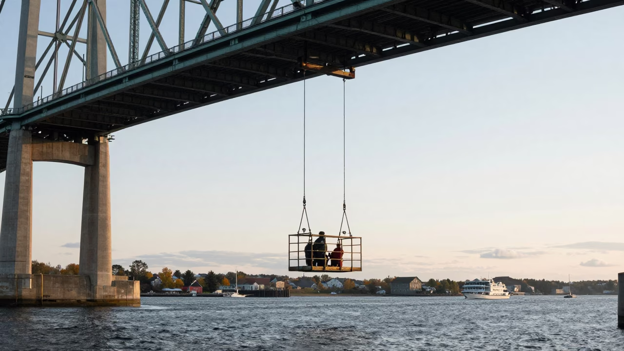 Halifax Harbour Bridge Maintenance Cage Swinging in Late Morning Light in in Halifax, Nova Scotia, Canada
