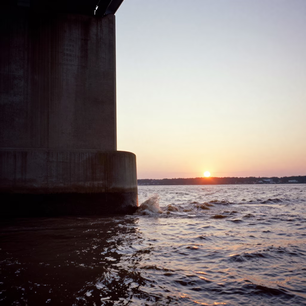 Halifax Harbour Bridge Pier Cutwater Splitting Flood Brown Current as Sun Drops Toward Horizon in in Halifax, Nova Scotia, Canada