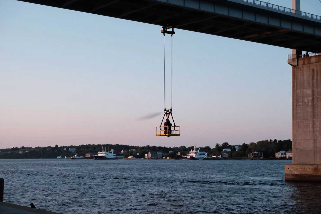 Halifax Harbour Dawn Bridge Maintenance Cage Swinging in Crosswind in in Halifax, Nova Scotia, Canada