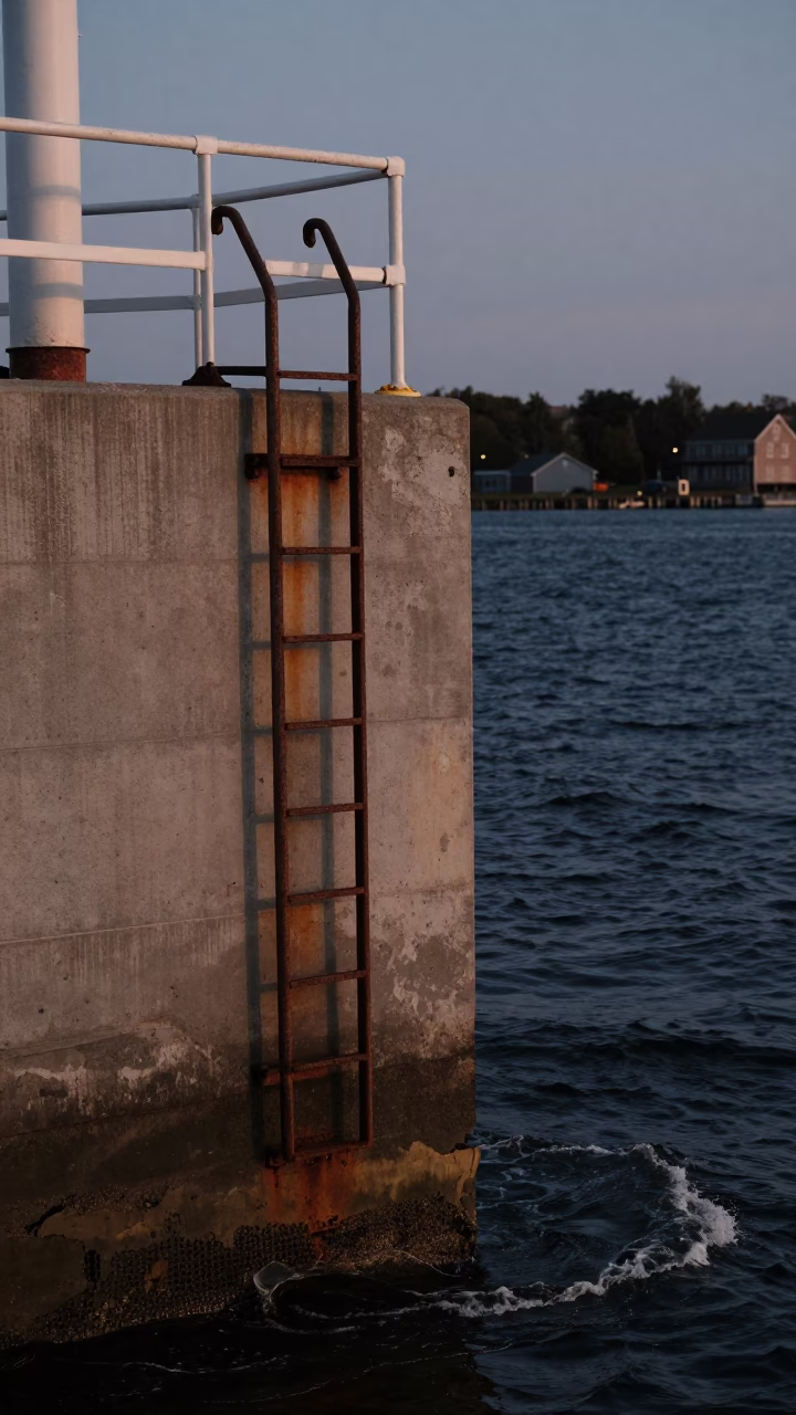 Halifax Harbour Dawn Bridge Pier Inspection Ladder Above Choppy Estuary Water in in Halifax, Nova Scotia, Canada