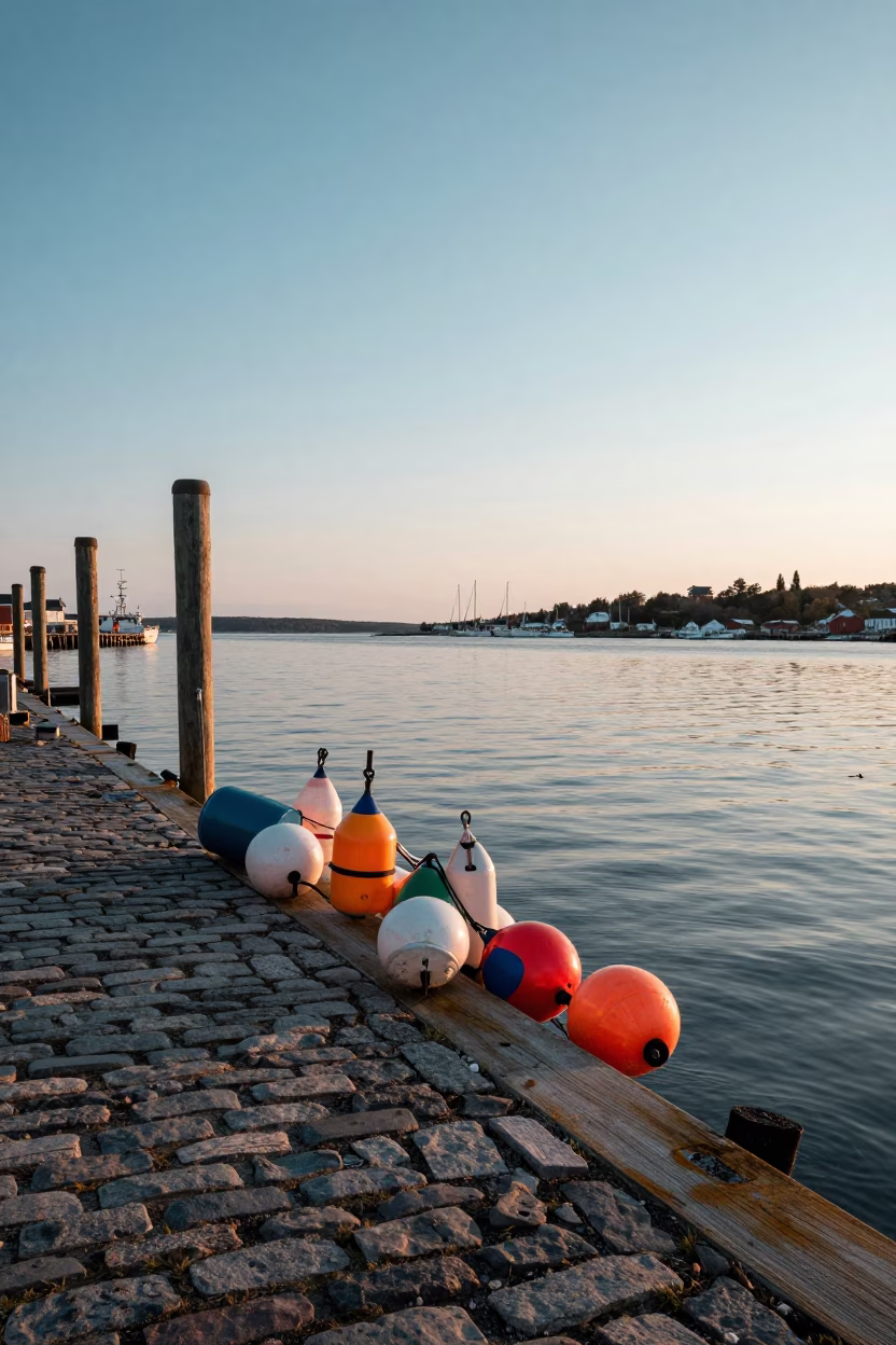 Halifax Harbour Dawn Fishing Floats and Dockside Activity Before Sunrise in in Halifax, Nova Scotia, Canada