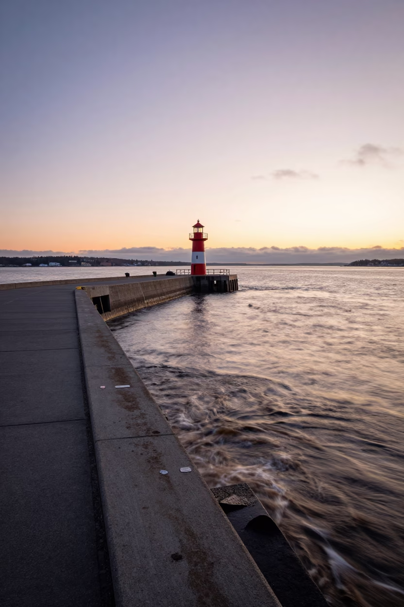 Halifax Harbour Dawn Light on Bridge Pier Cutwater and Flood-Brown Current in in Halifax, Nova Scotia, Canada