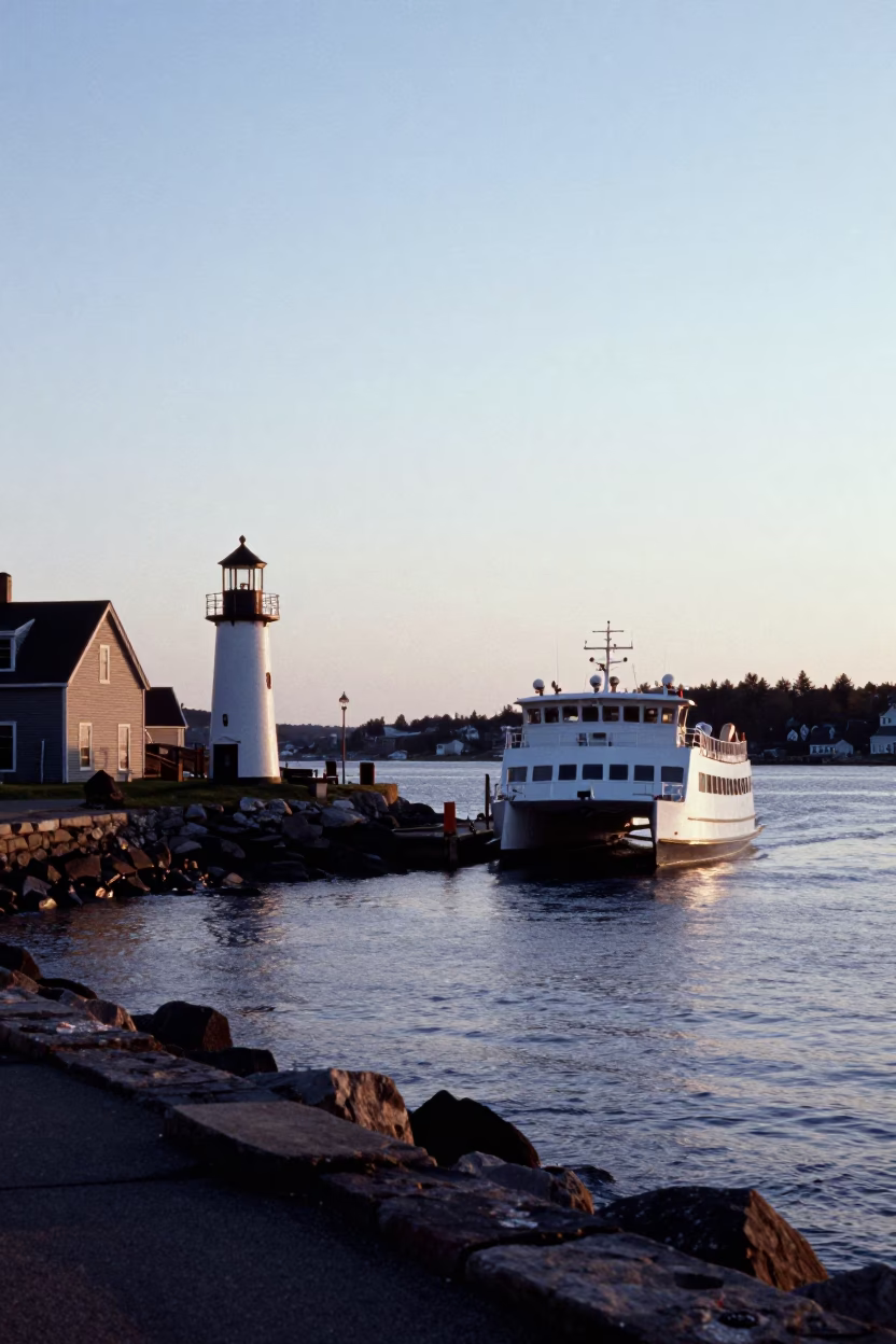 Halifax Harbour Dawn Light on Historic Waterfront Stone Quays and Ferry Approaching in in Halifax, Nova Scotia, Canada