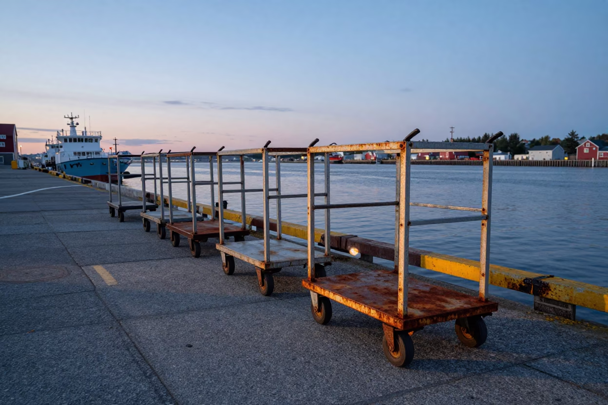Halifax Harbour Dawn Logistics with Rolling Carts and Rusty Handles in in Halifax, Nova Scotia, Canada
