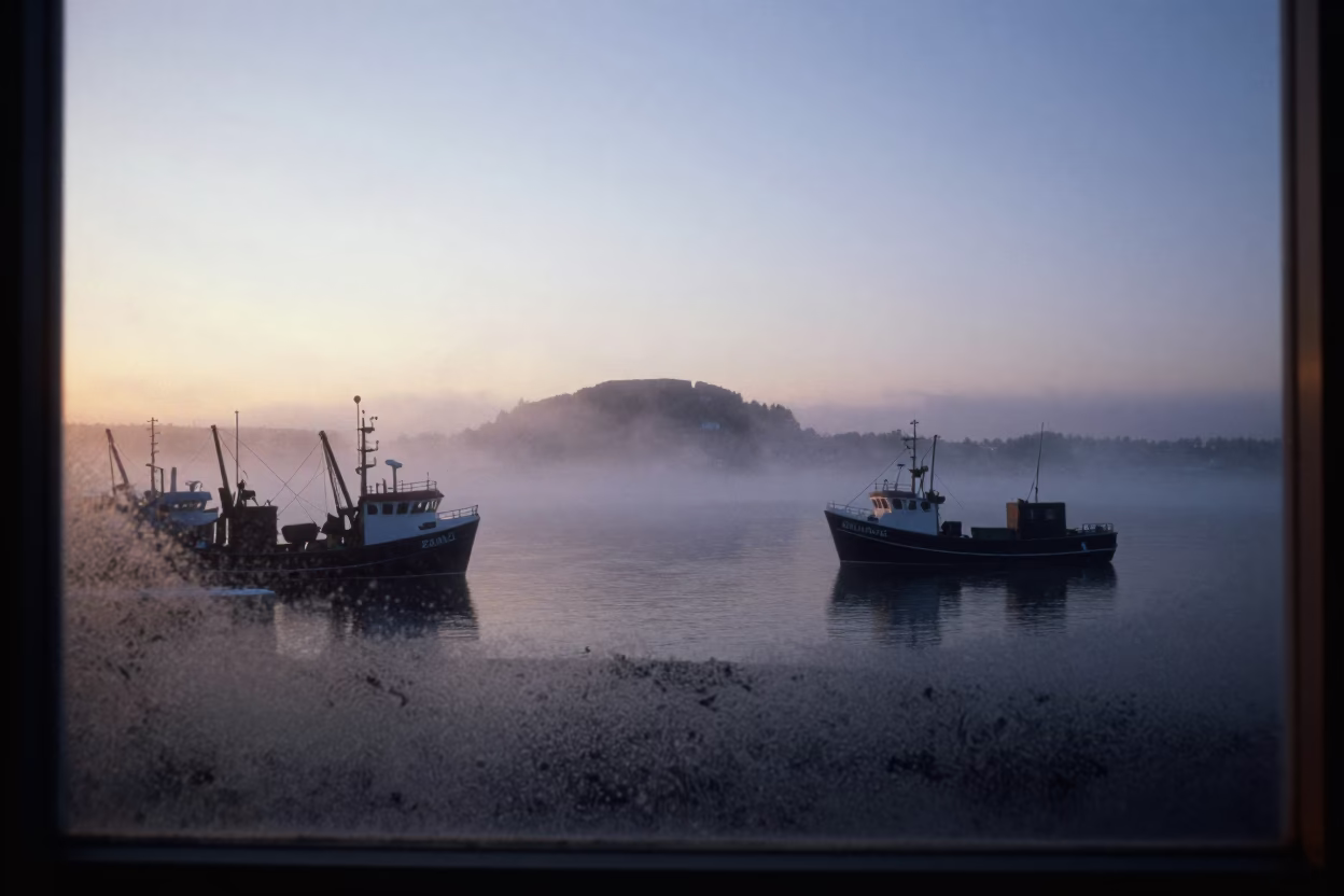 Halifax Harbour Dawn Mist Condensation Water Rings on Glass Window View in in Halifax, Nova Scotia, Canada