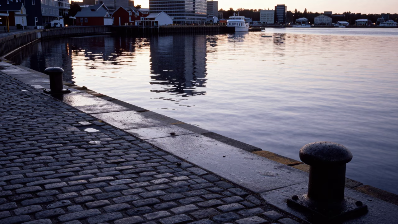 Halifax Harbour Dawn Reflections on Waterfront Cobblestones and Steel Railings in in Halifax, Nova Scotia, Canada