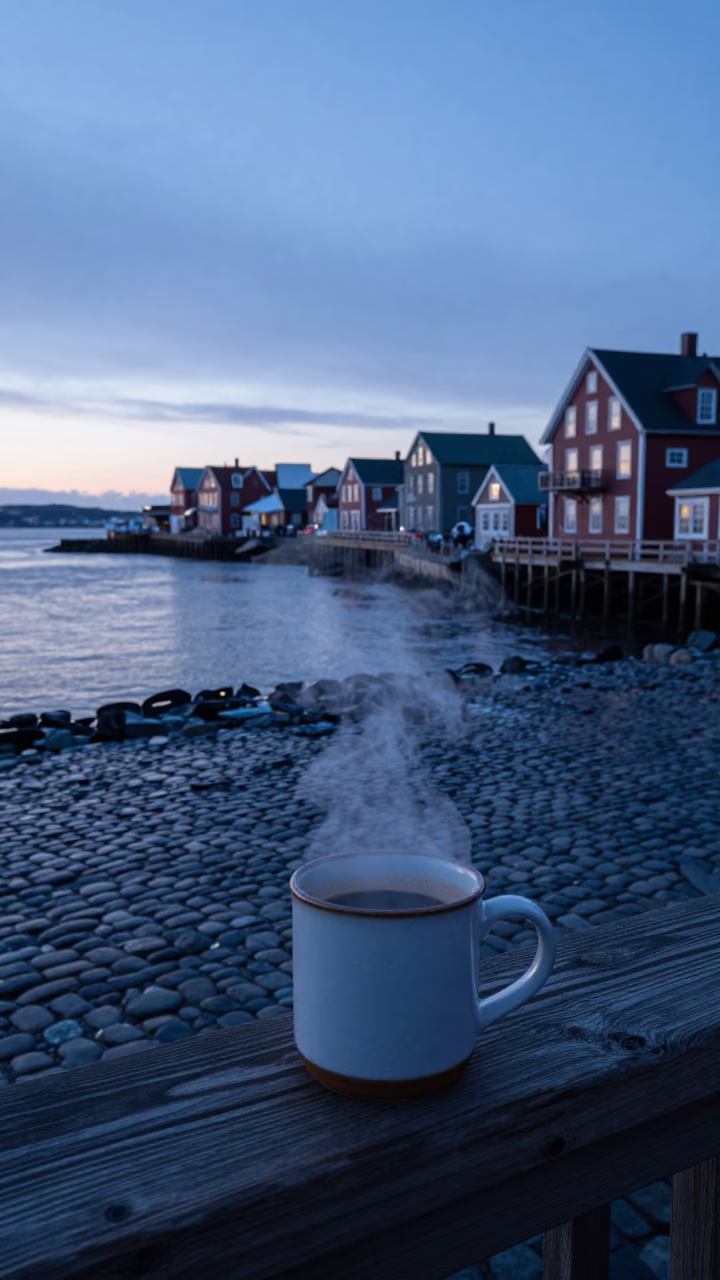 Halifax Harbour Dawn Steam Haze Above Coffee Cup Near Waterfront in in Halifax, Nova Scotia, Canada
