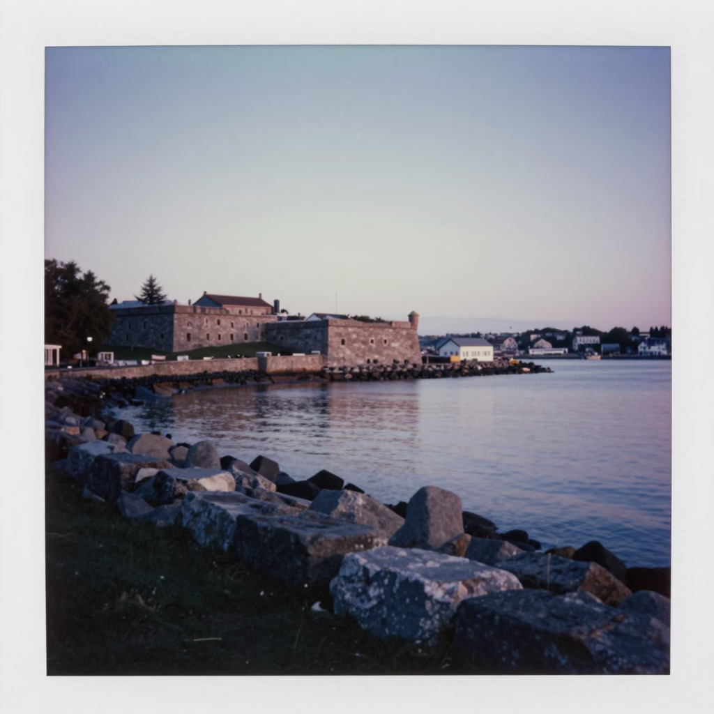 Halifax Harbour Dawn View with Historic Stone Walls and Harbourfront Activity in in Halifax, Nova Scotia, Canada