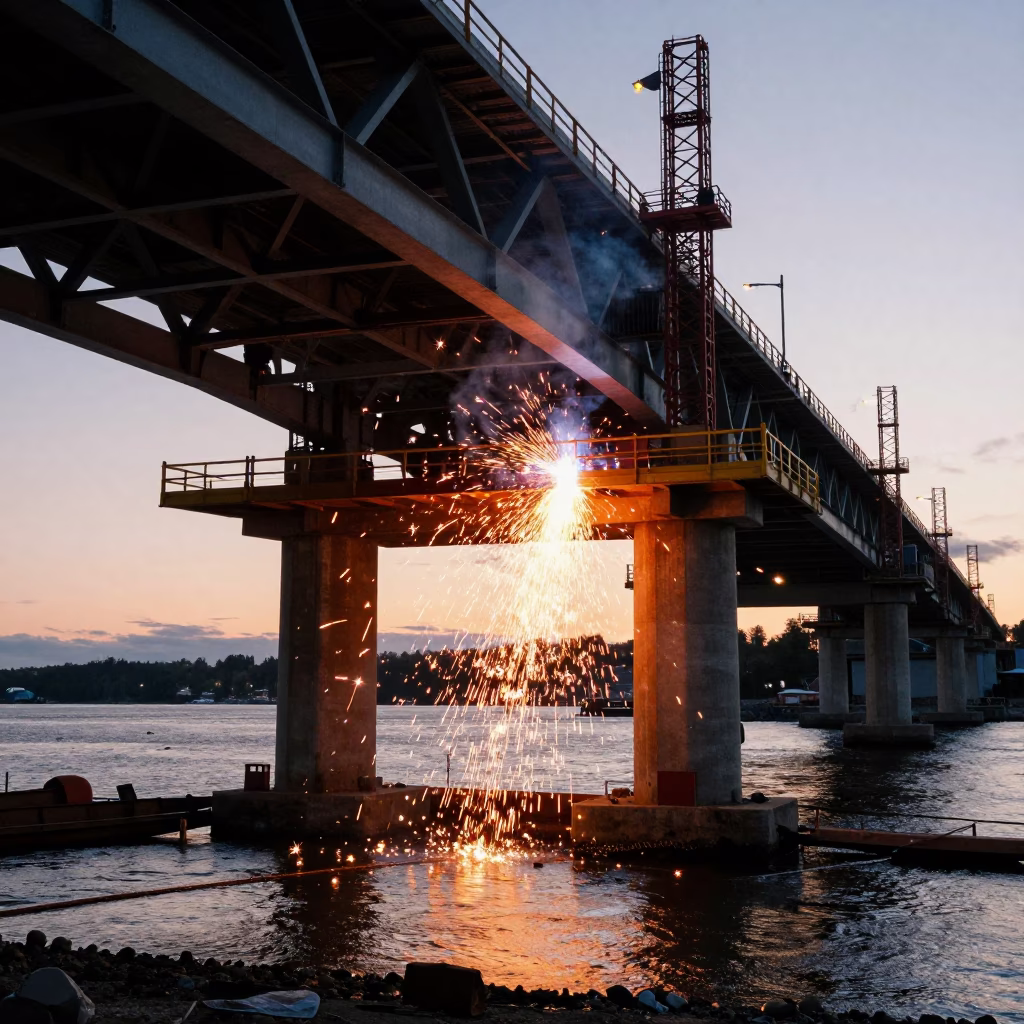 Halifax Harbour Dawn Welding Sparks Beneath Bridge Construction Site in in Halifax, Nova Scotia, Canada