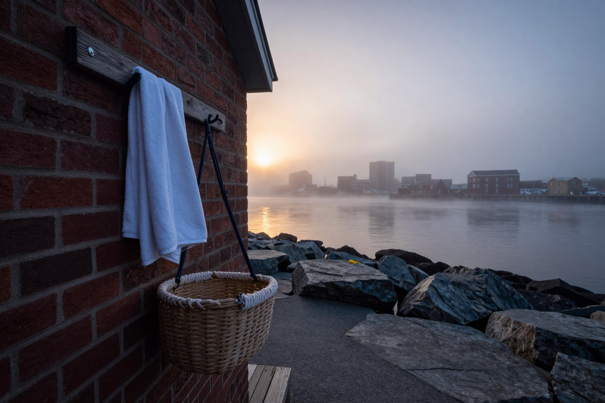 Halifax Harbour Dawn with Knitting Basket and Towel Hook in Historic District in in Halifax, Nova Scotia, Canada