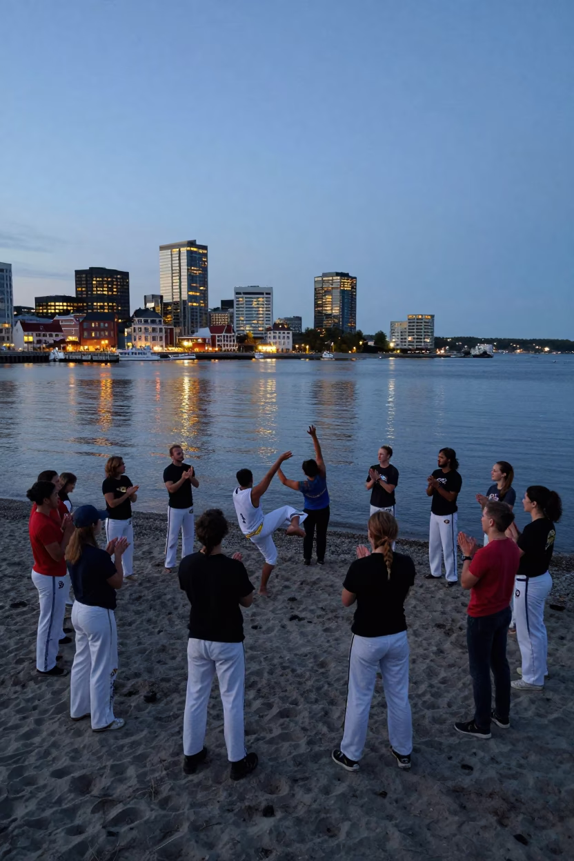 Halifax Harbour Dusk Capoeira Circle on Beach with City Lights Glow in in Halifax, Nova Scotia, Canada