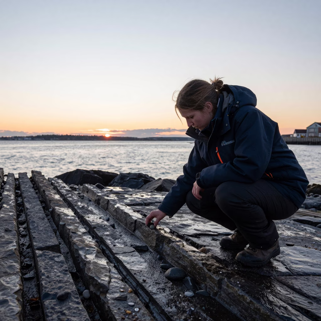 Halifax Harbour Dusk Geologist Inspecting Rock Strata Near Waterfront in in Halifax, Nova Scotia, Canada