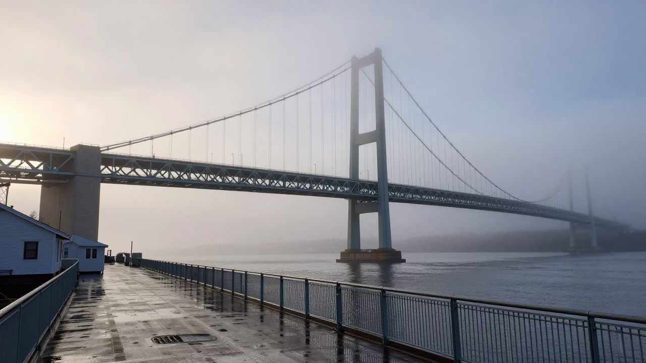 Halifax Harbour Early Morning Fog and Suspension Bridge Deck After Storm in in Halifax, Nova Scotia, Canada