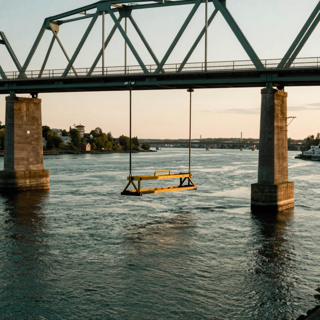 Halifax Harbour Evening Light Bridge Maintenance Cradle and Green Water in in Halifax, Nova Scotia, Canada
