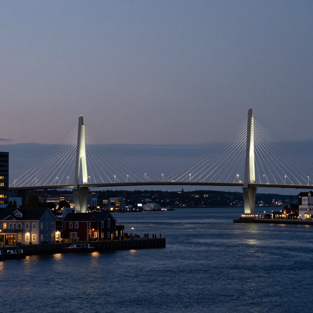 Halifax Harbour Evening View with Cable-Stayed Bridge Illumination and Busy Street Life in in Halifax, Nova Scotia, Canada