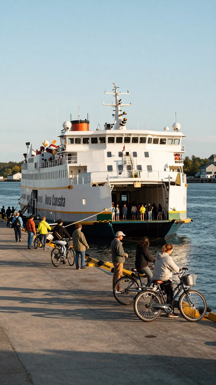 Halifax Harbour Ferry Docking with Passengers and Bicycles in Late Afternoon Light in in Halifax, Nova Scotia, Canada