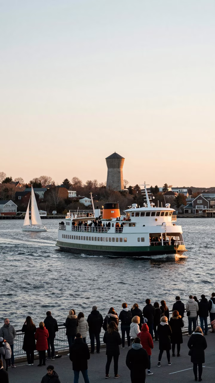 Halifax Harbour Golden Hour Ferry Crossing with Sailboats and Water Tower in in Halifax, Nova Scotia, Canada