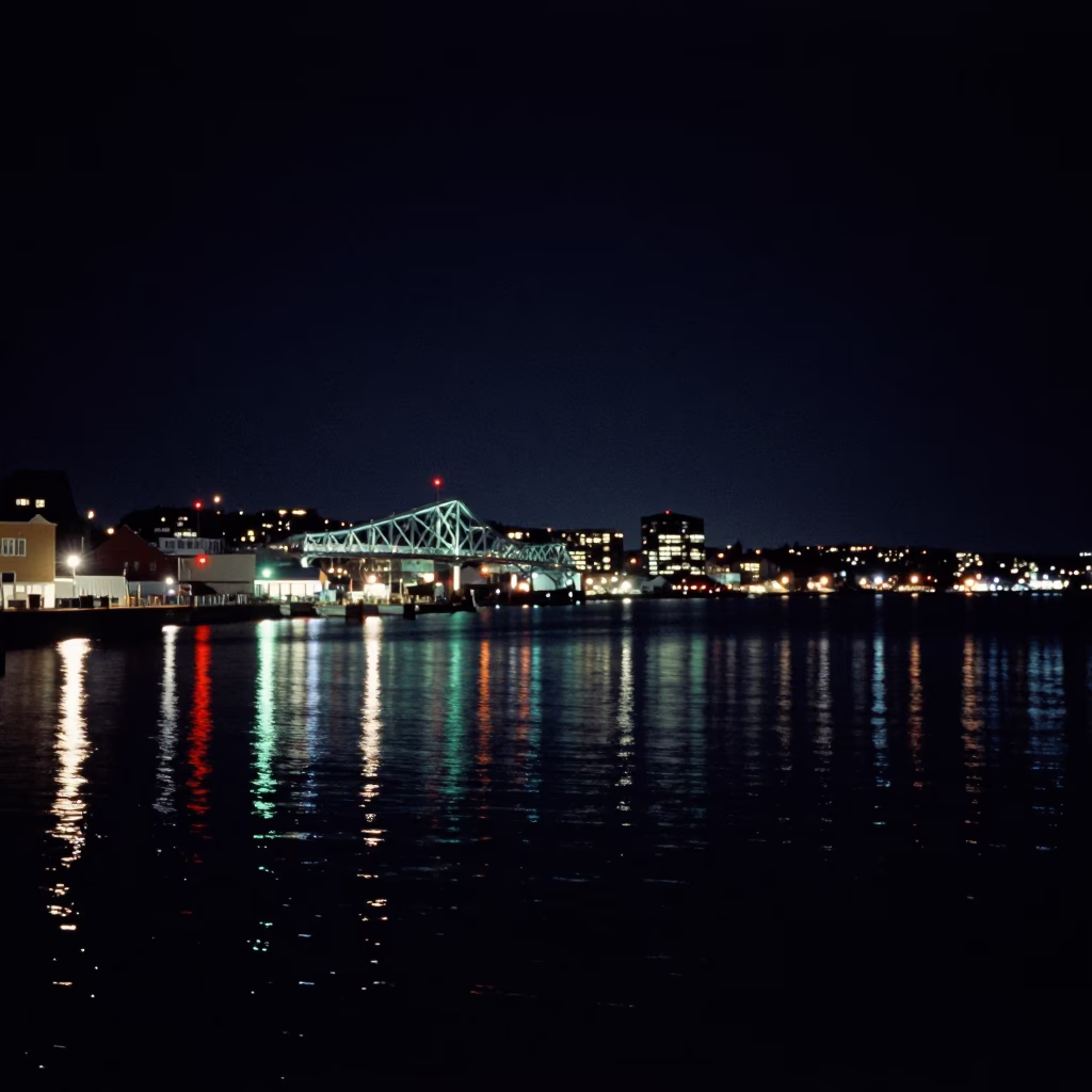 Halifax Harbour Night Scene with Waterfront Lights and Steel Fences in in Halifax, Nova Scotia, Canada