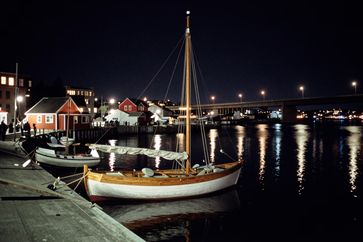 Halifax Harbour Night Scene with Wooden Sailboat and Bridge Maintenance Cradle in in Halifax, Nova Scotia, Canada