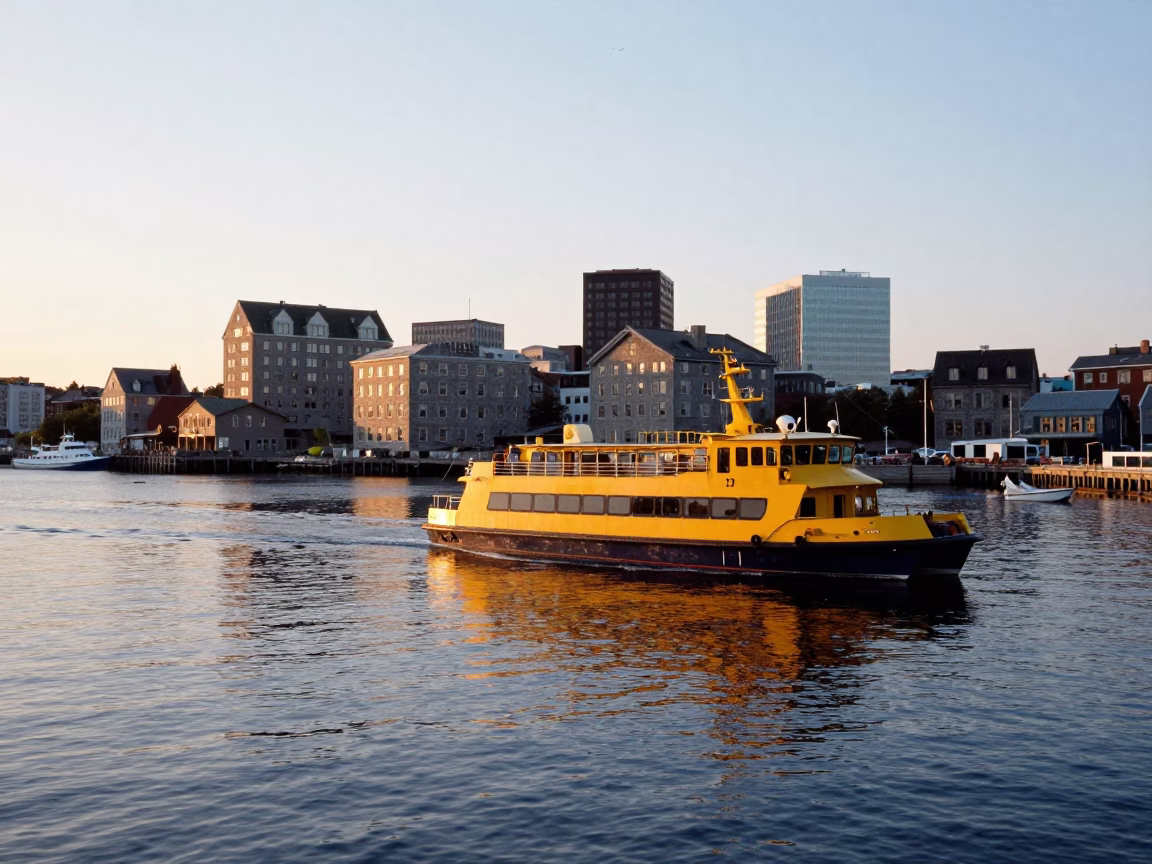 Halifax Harbour Sunrise with Harbour Hopper Boat and Historic Waterfront Activity in in Halifax, Nova Scotia, Canada