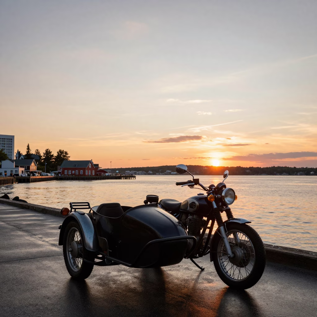 Halifax Harbour Sunset Over Waterfront Boardwalk with Vintage Motorcycle and City Skyline in in Halifax, Nova Scotia, Canada