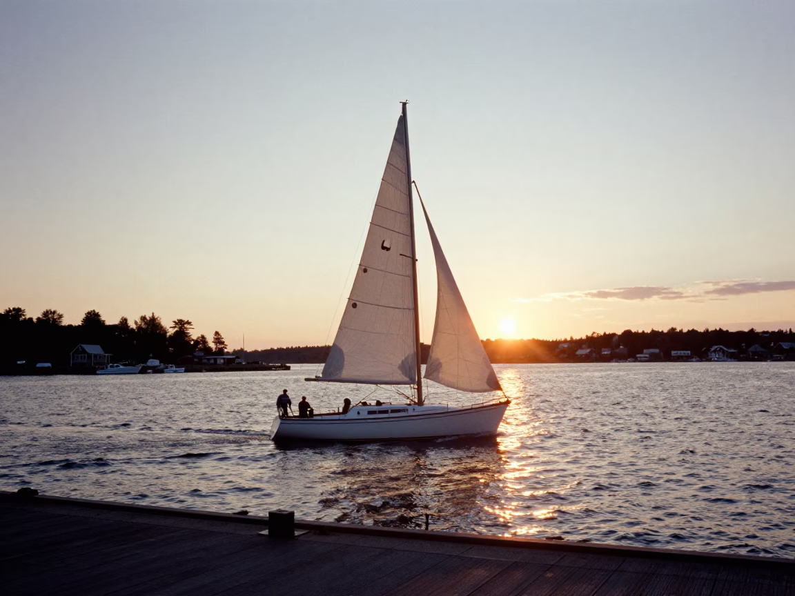 Halifax Harbour Sunset Sailboat with Spinnaker and Dock Padlock in in Halifax, Nova Scotia, Canada