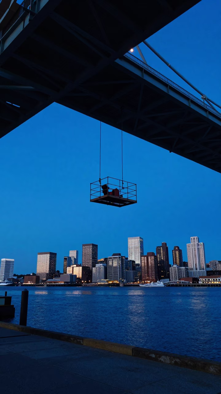 Halifax Harbour Twilight Bridge Maintenance Cage and City Skyline View in in Halifax, Nova Scotia, Canada