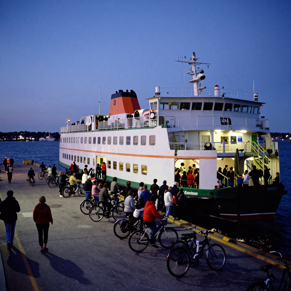 Halifax Harbour Twilight Ferry Loading Passengers and Bicycles at Dock in in Halifax, Nova Scotia, Canada