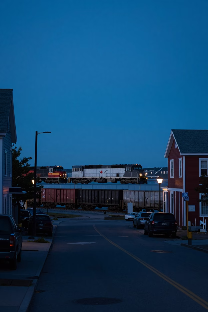 Halifax Indigo Twilight Street Scene with Freight Train and Urban Infrastructure in in Halifax, Nova Scotia, Canada