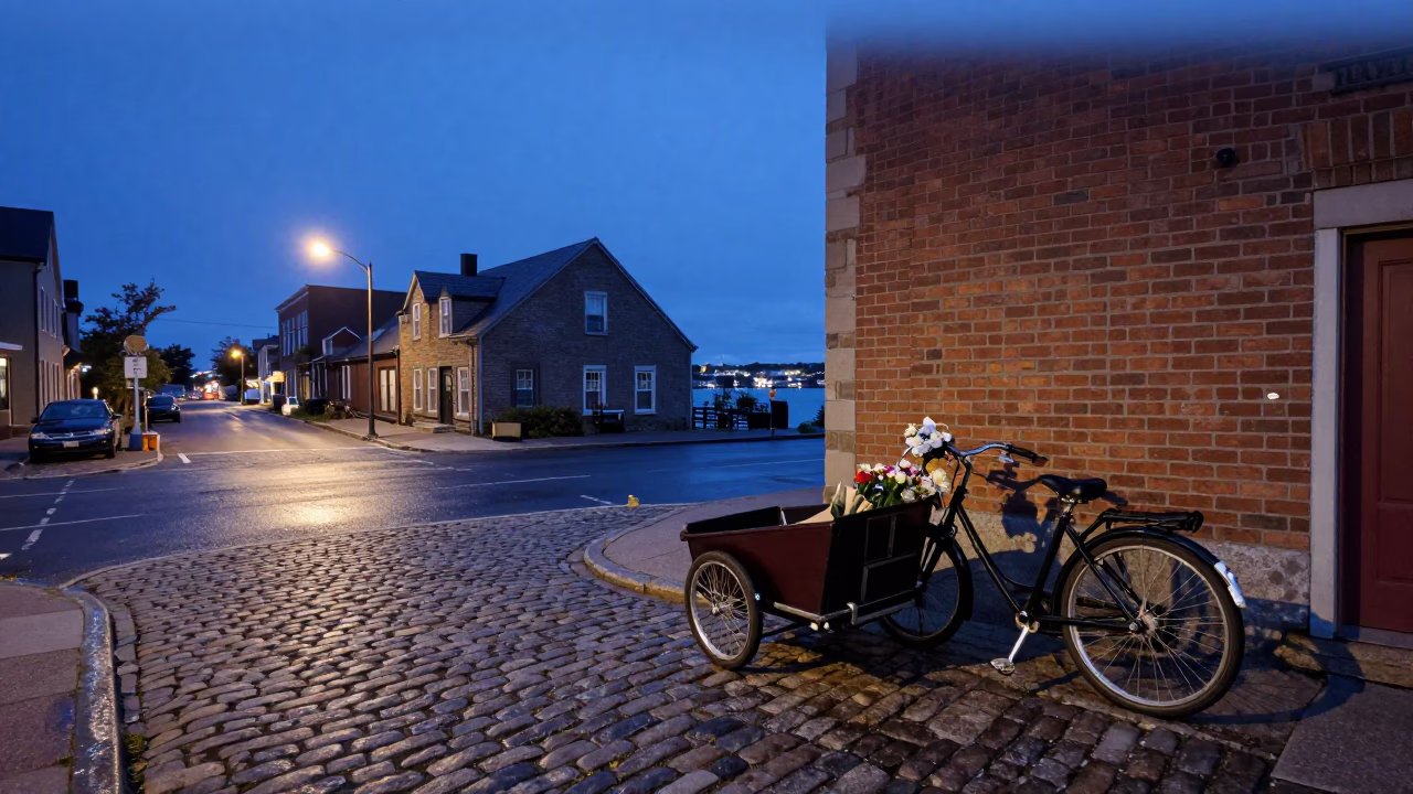 Halifax indigo twilight street scene with vintage cargo bicycle and local pedestrians near waterfront in in Halifax, Nova Scotia, Canada