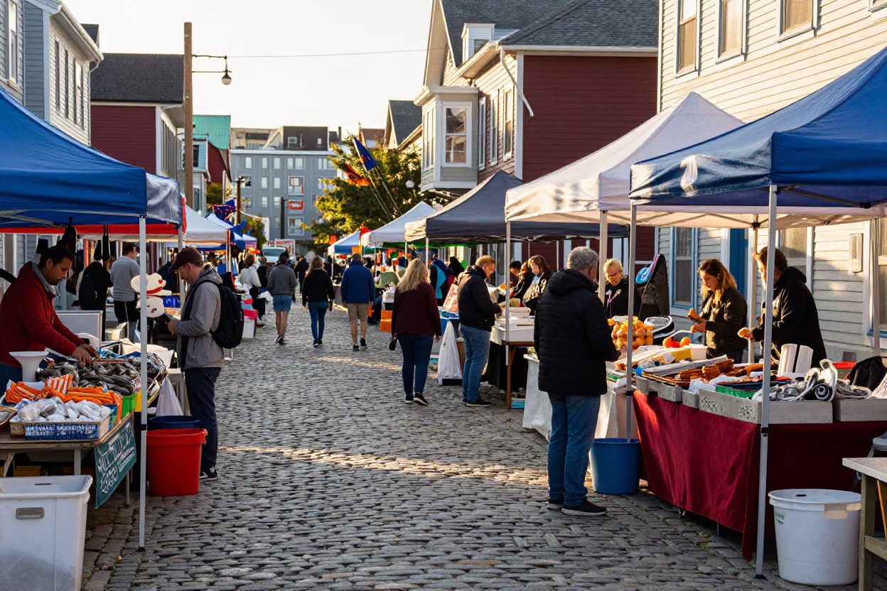 Halifax Late Afternoon Street Scene with Colorful Vendor Stalls in in Halifax, Nova Scotia, Canada