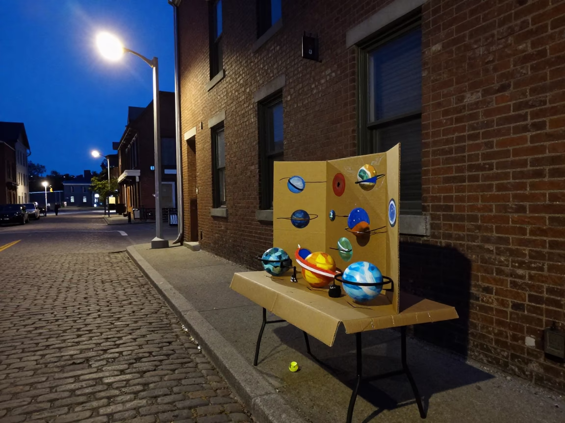 Halifax Midnight Street Scene with Cardboard Science Fair Table and Vintage Motorcycle in in Halifax, Nova Scotia, Canada