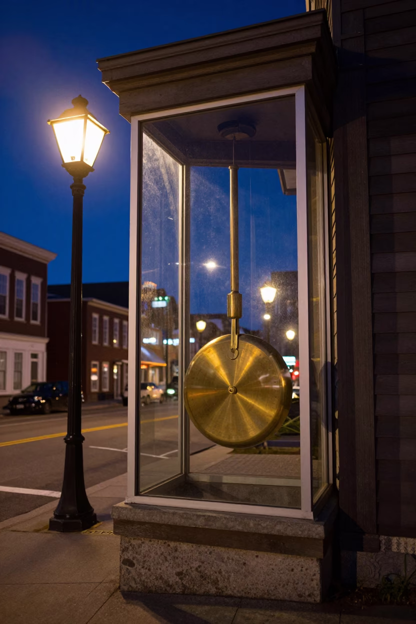 Halifax Midnight Street Scene with Pendulum Clock and Glass Wall Reflections in in Halifax, Nova Scotia, Canada