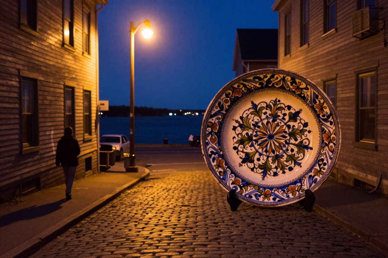Halifax Midnight Street Scene with Vintage Italian Majolica Plate and Linen Fringe Runner in in Halifax, Nova Scotia, Canada