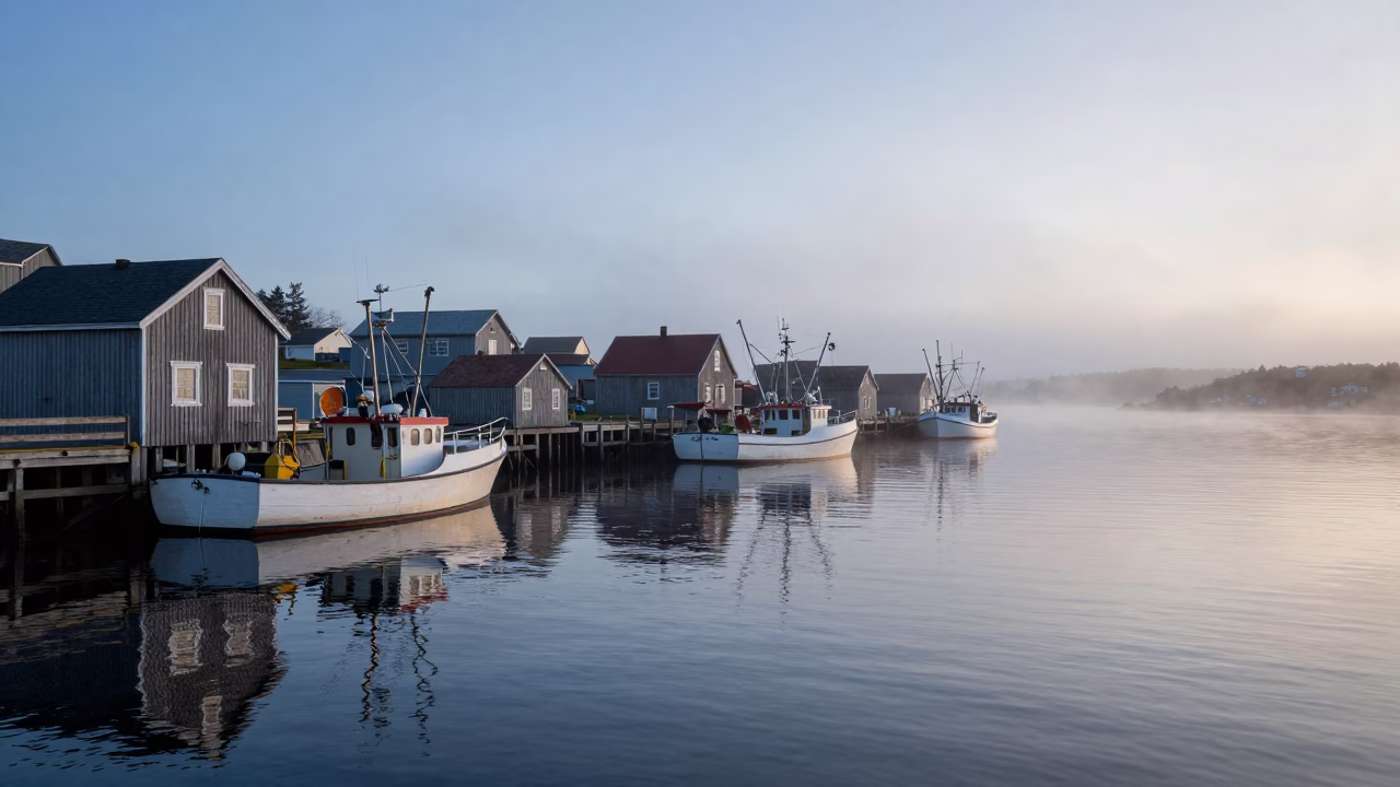 Halifax morning light reflects on harbor boats and wooden wharf in in Halifax, Nova Scotia, Canada