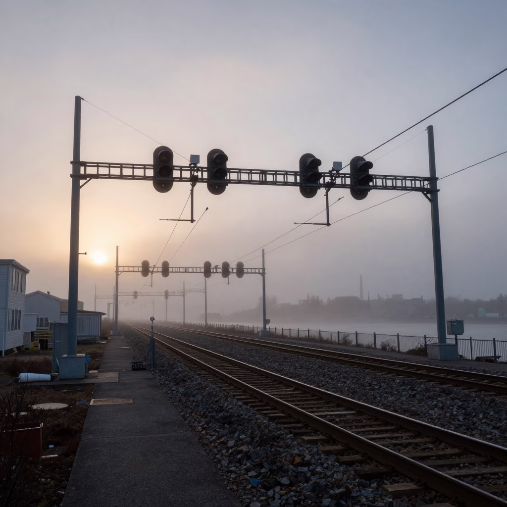 Halifax Nautical Dawn Fog and Rail Catenary System in Nova Scotia Canada in in Halifax, Nova Scotia, Canada