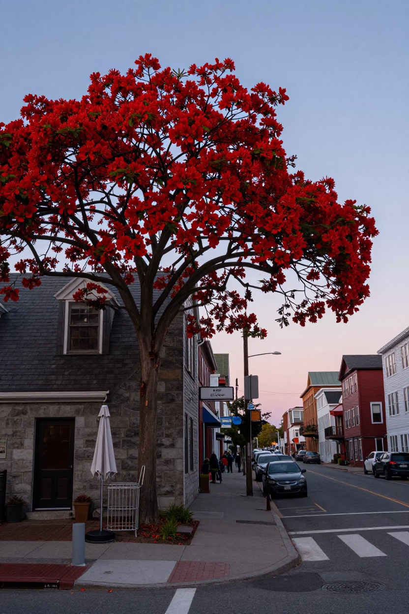 Halifax Nautical Dawn Street Scene with Flame Tree Bloom and Urban Details in in Halifax, Nova Scotia, Canada