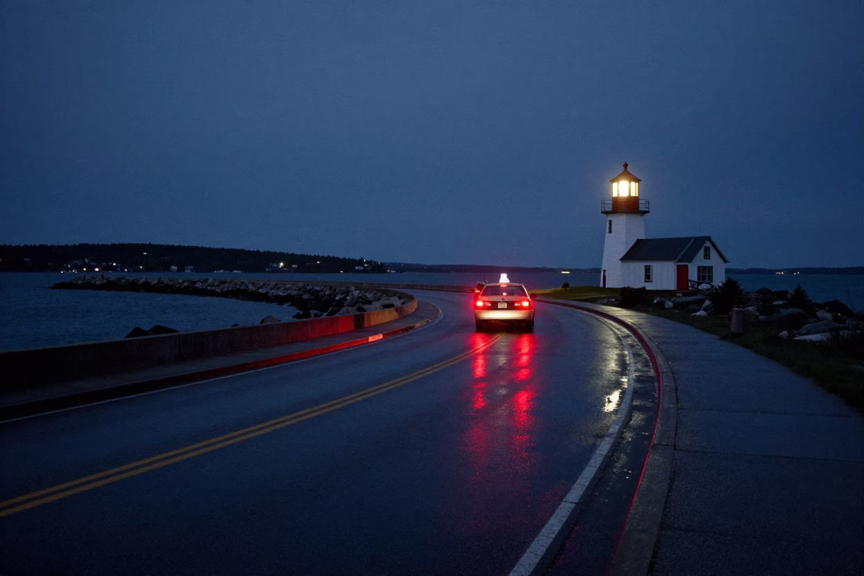 Halifax Night Harbor Breakwater Curve and Lonely Beacon Light Reflections in in Halifax, Nova Scotia, Canada