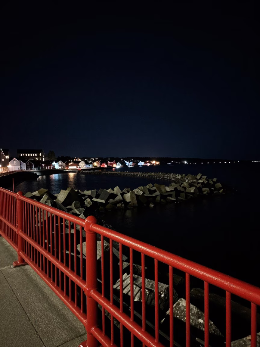Halifax Night Harbor Breakwater View with Red Railings and Boiling Spillway Chute in in Halifax, Nova Scotia, Canada