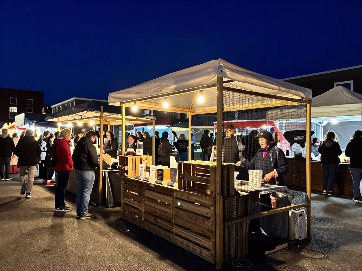 Halifax Night Market Stall with Wooden Crate and Mesh Colander Under Deep Night Sky in in Halifax, Nova Scotia, Canada