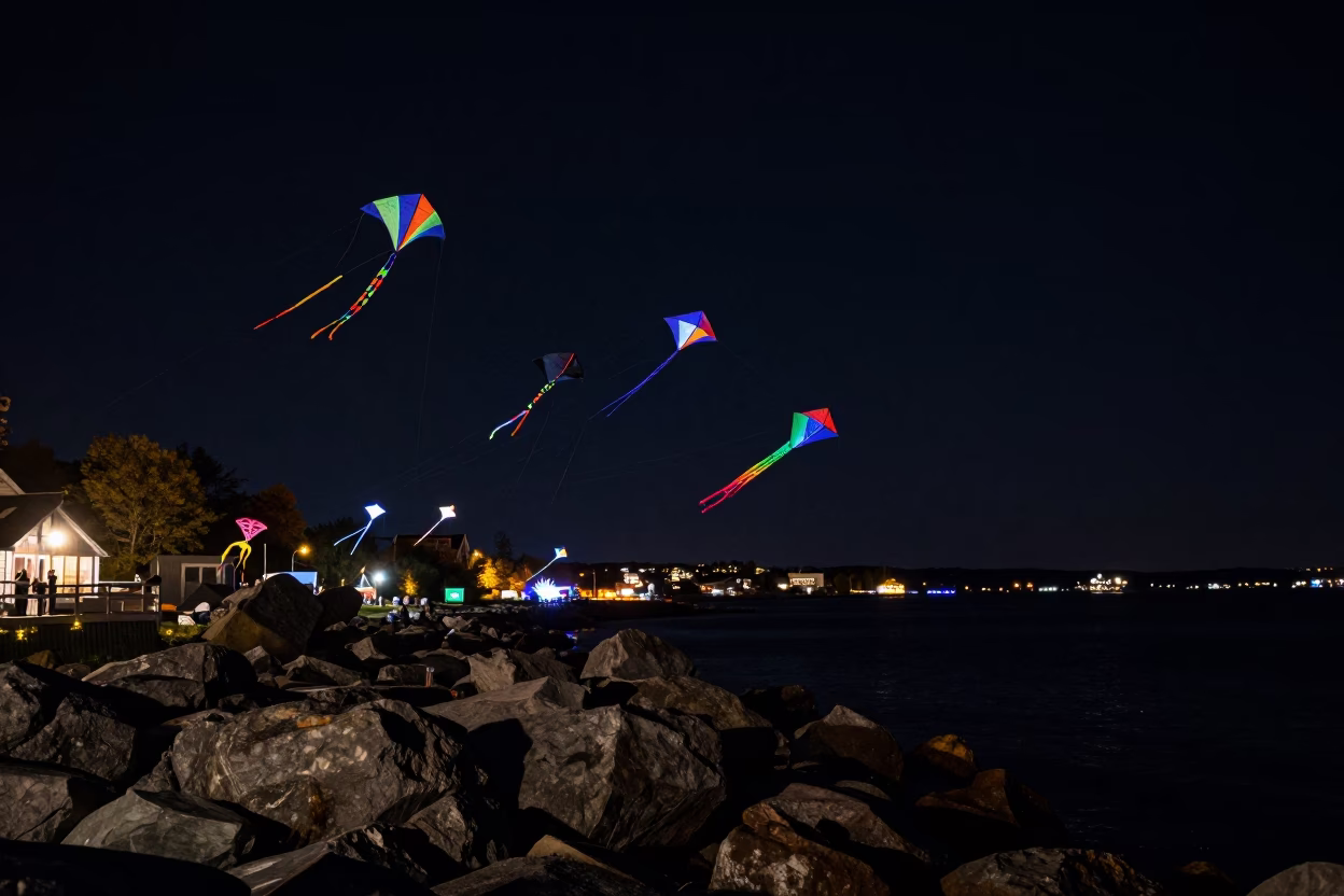 Halifax Night Sky Kite Festival Colorful Lanterns Over Rocky Harbor in in Halifax, Nova Scotia, Canada