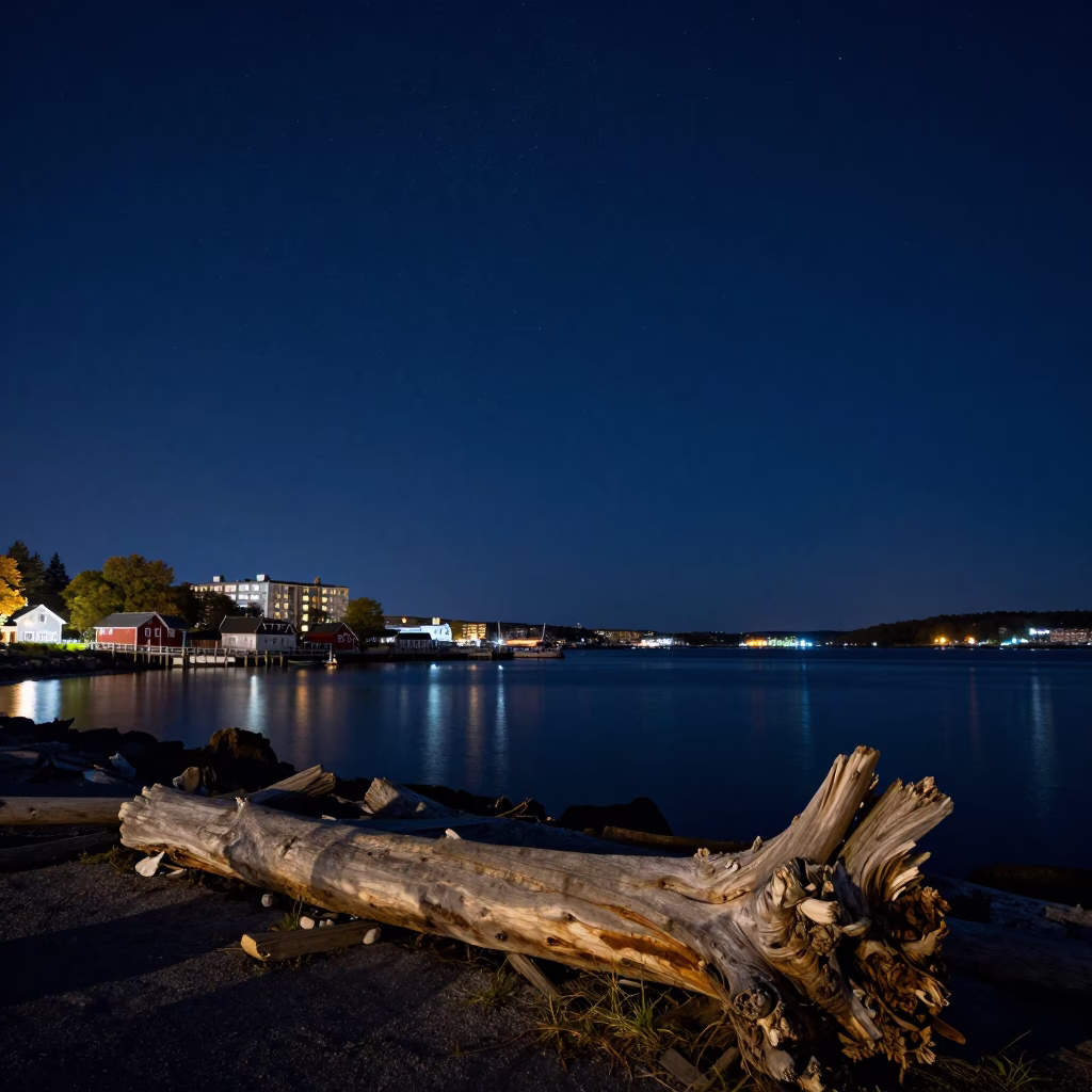 Halifax Night Sky Over Dartmouth Waterfront With Driftwood And Signal Gantry in in Halifax, Nova Scotia, Canada