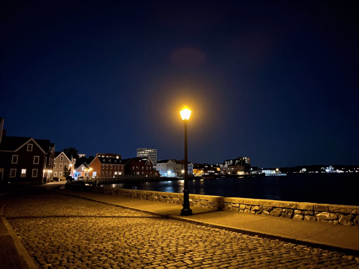 Halifax Night Sky Over Historic Waterfront Streetlamp and Cobblestone Alley in in Halifax, Nova Scotia, Canada