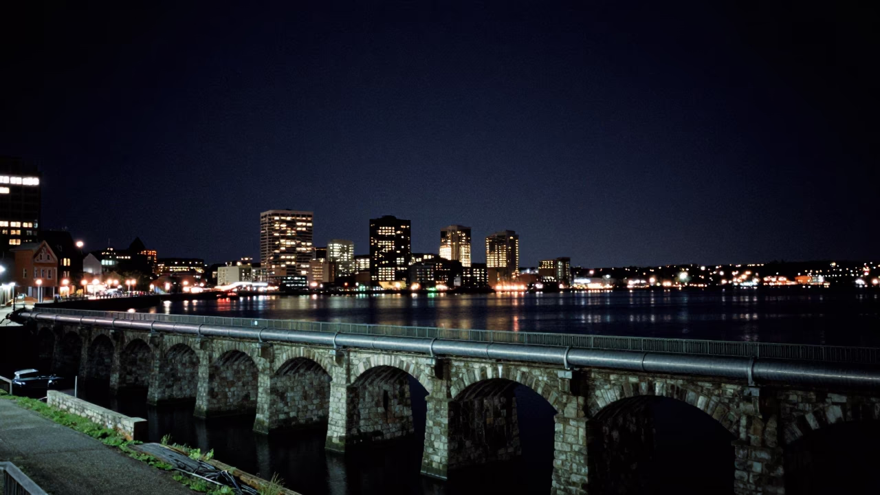 Halifax Night Sky View Over Waterfront District Heating Pipes and Stone Viaduct in in Halifax, Nova Scotia, Canada