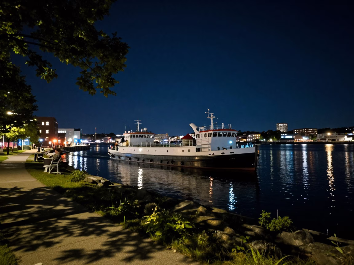 Halifax Night Street Scene with Barge and Tree Shadows in in Halifax, Nova Scotia, Canada