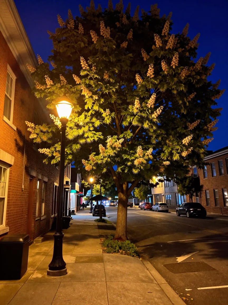 Halifax Night Street Scene with Chestnut Tree and Brick Architecture in in Halifax, Nova Scotia, Canada