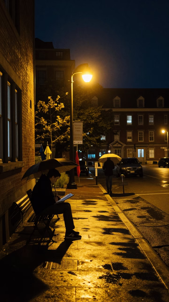 Halifax Night Street Scene with Clipboard and Umbrellas Near University Courtyard in in Halifax, Nova Scotia, Canada