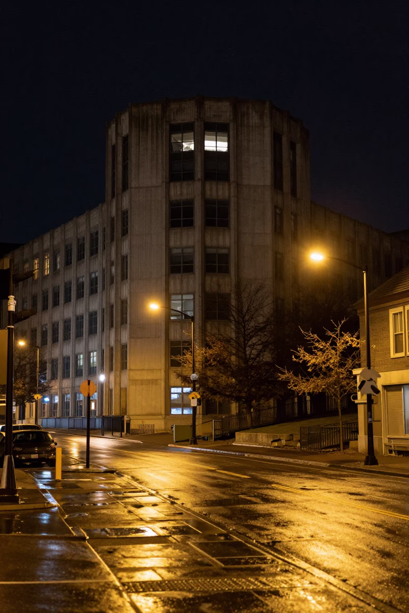 Halifax Night Street Scene with Concrete Brutalist Building and Urban Activity in in Halifax, Nova Scotia, Canada