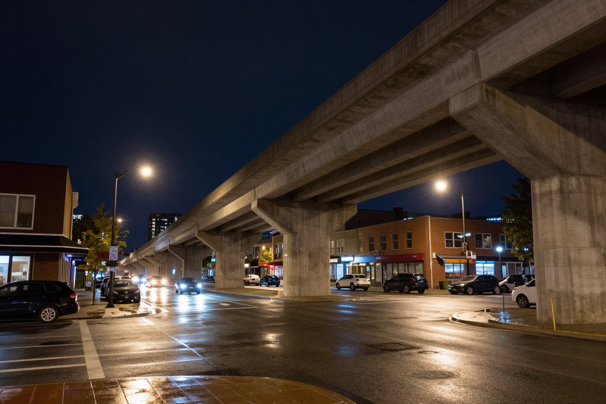 Halifax Night Street Scene with Concrete Viaduct and Urban Life in in Halifax, Nova Scotia, Canada