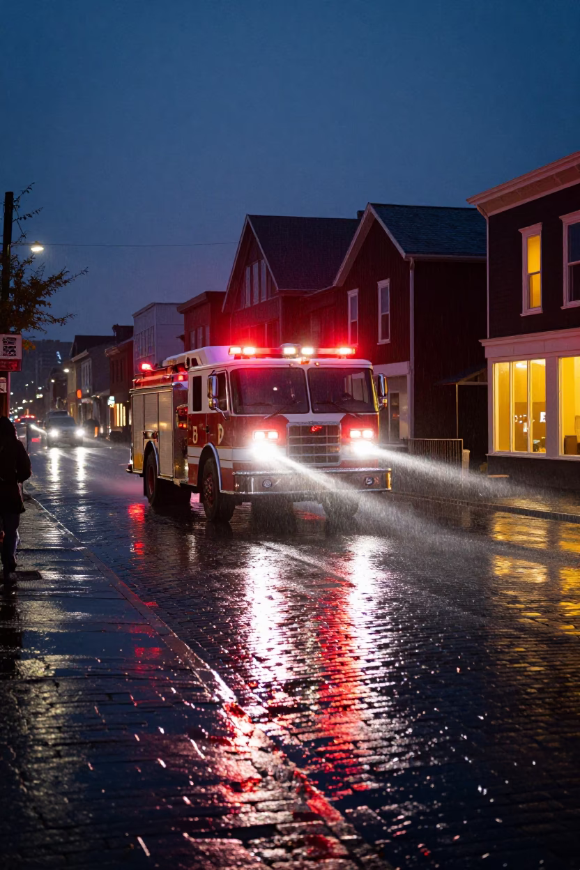 Halifax Night Street Scene with Fire Engine and Rain-Slicked Cobblestones in in Halifax, Nova Scotia, Canada